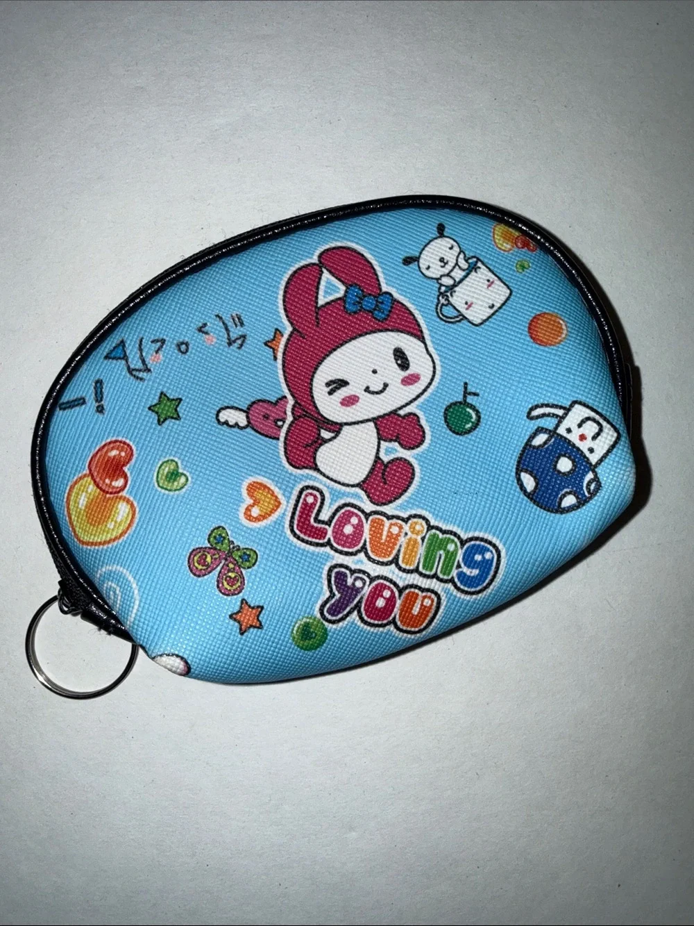 Y2K Vintage Sanrio My Melody Coin Purse Zip Pouch Keychain Blue Loving You